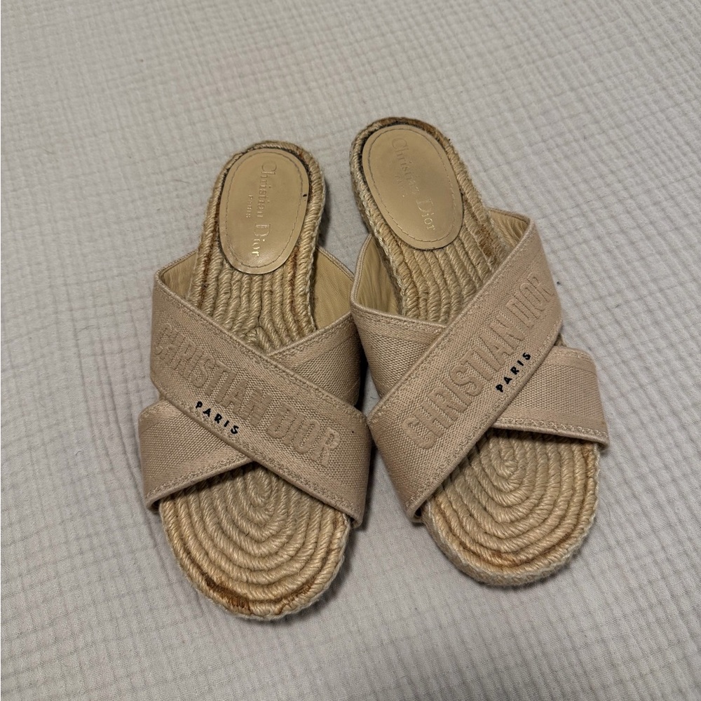 Dior Beige Canvas Espadrille Slide Sandals